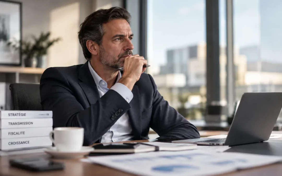 Dirigeant d'entreprise réfléchissant à la cession de sa société face au budget 2027 — stratégie, transmission, fiscalité