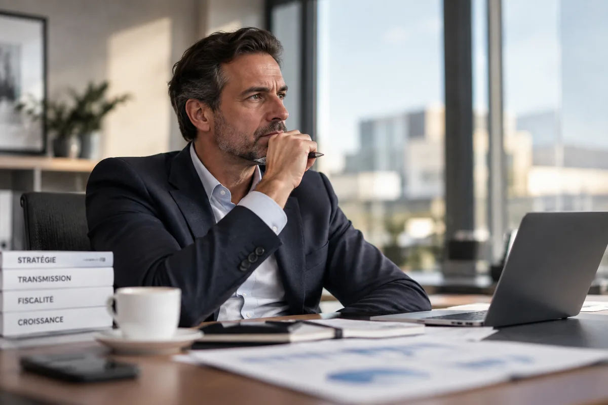 Dirigeant d'entreprise réfléchissant à la cession de sa société face au budget 2027