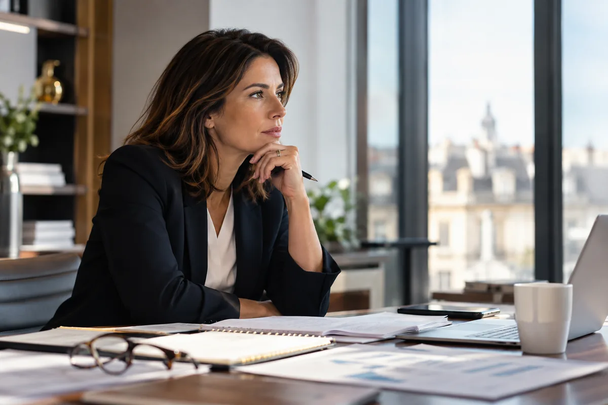 Céder sa PME : les 7 décisions à prendre avant la lettre d'intention Dirigeante d'entreprise réfléchissant aux décisions à prendre avant la cession de sa PME