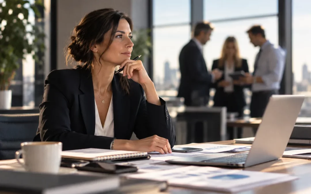 Dirigeante d'entreprise réfléchissant à la cession de sa société à ses salariés