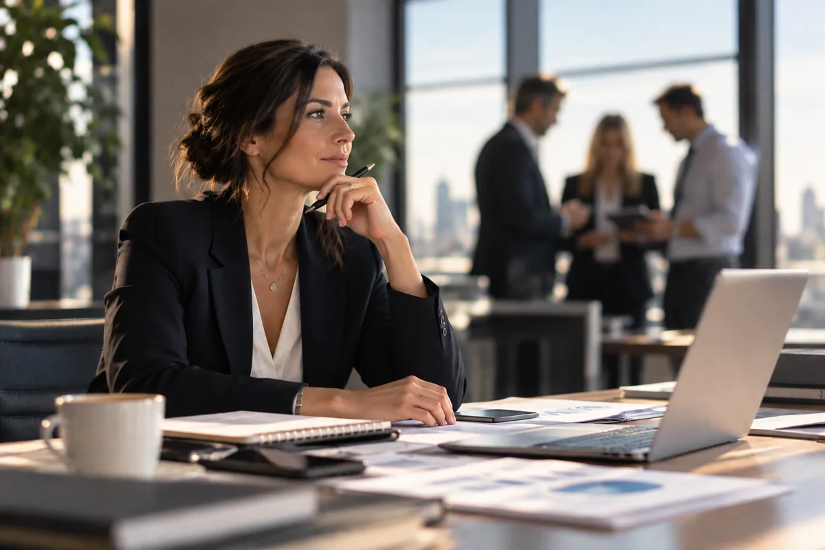 Dirigeante d'entreprise réfléchissant à la cession de sa société à ses salariés