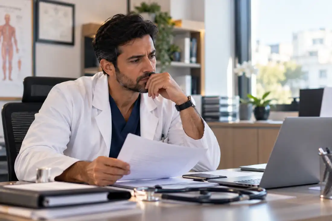Médecin dans son cabinet examinant les documents de cession de sa patientèle